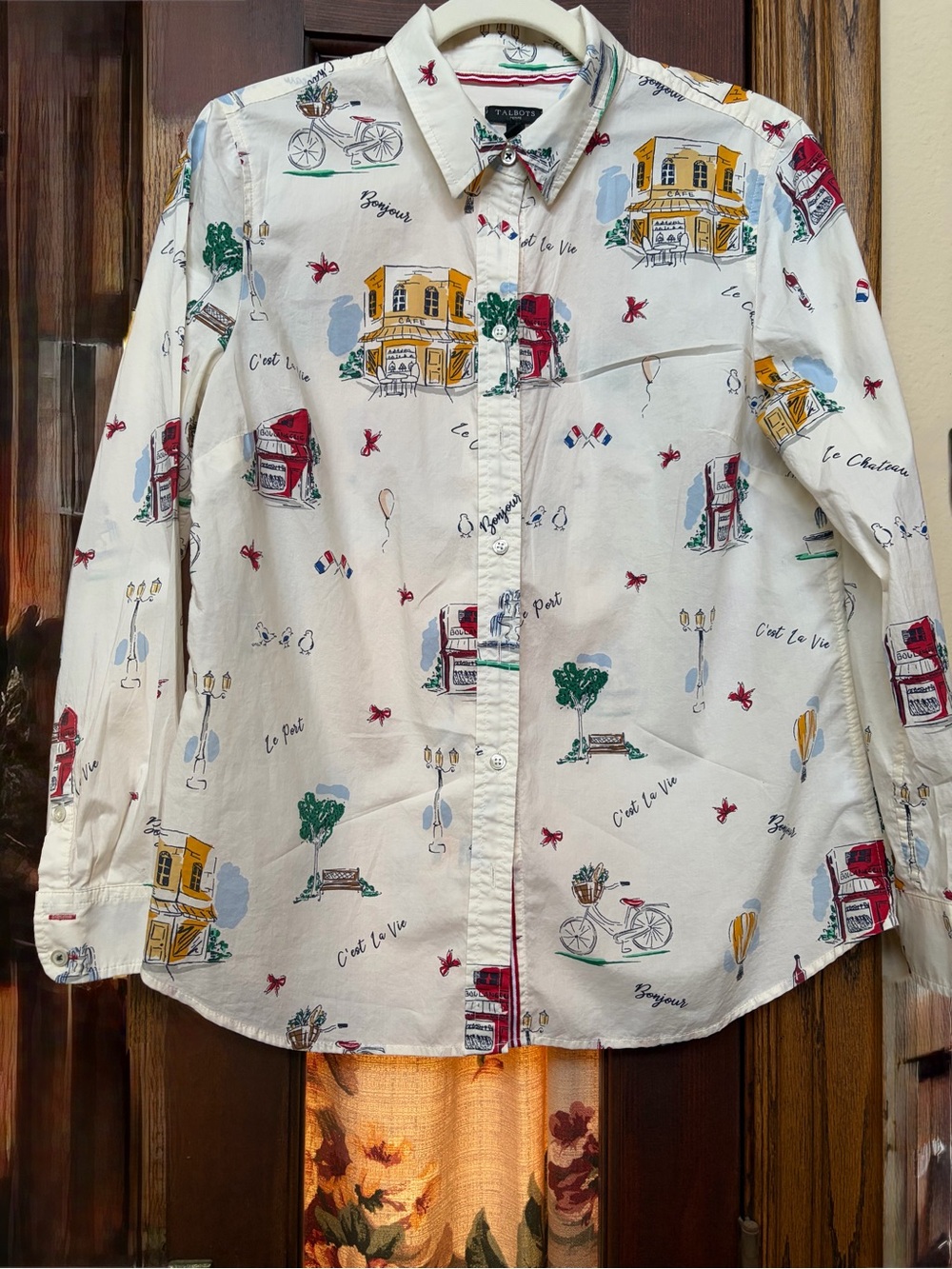 Talbots Casual Printed Long-Sleeve Shirt - White with Multi-Color Parisian motif
